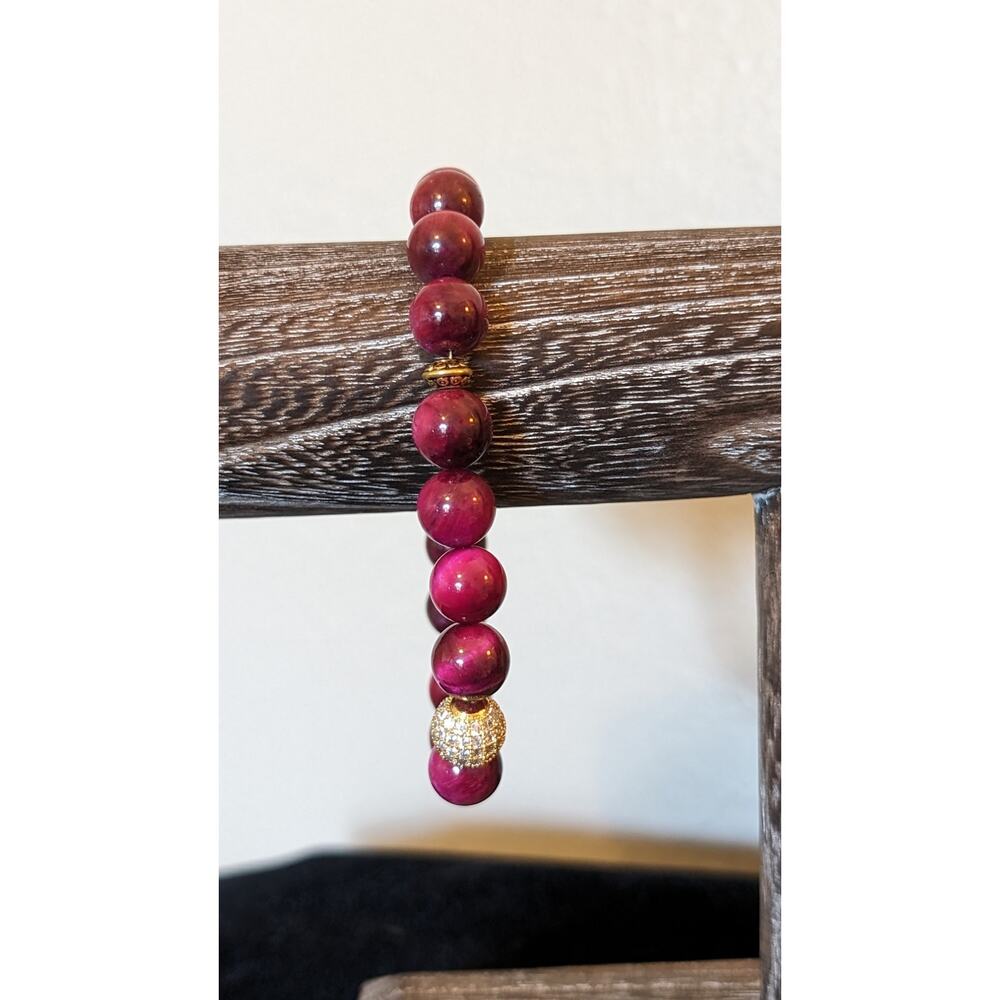 Magenta Fuschia Tiger Eye Agate Natural Stone Bead 14k Gold Filled Bracelet